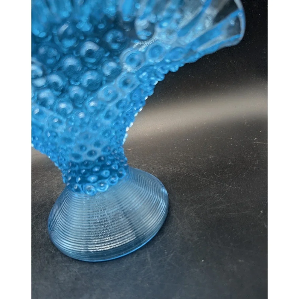 Vintage Empoli Italian Blue Hobnail Glass Fan Vase Ruffled Rim Pedestal 7